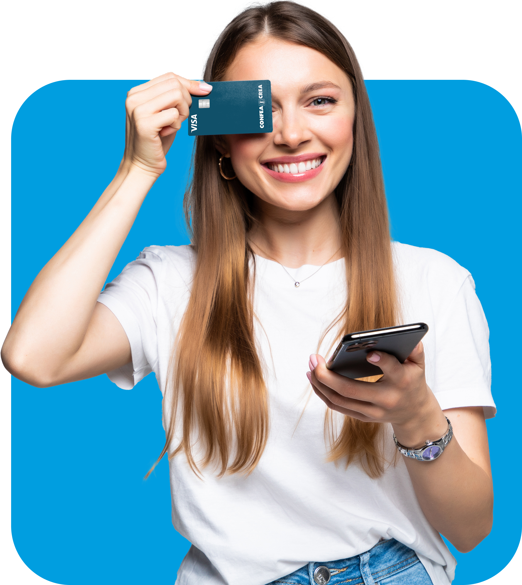 Imagem mulher segurando cartao